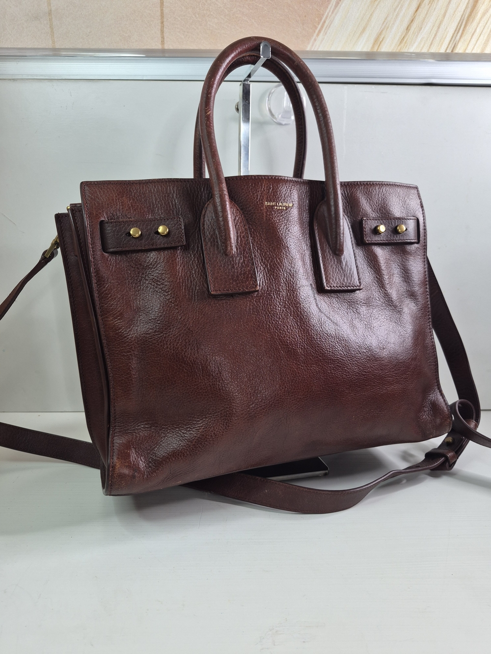 Yves Saint Laurent Dark Brown Leather Briefcase Tote with Gold Hardware